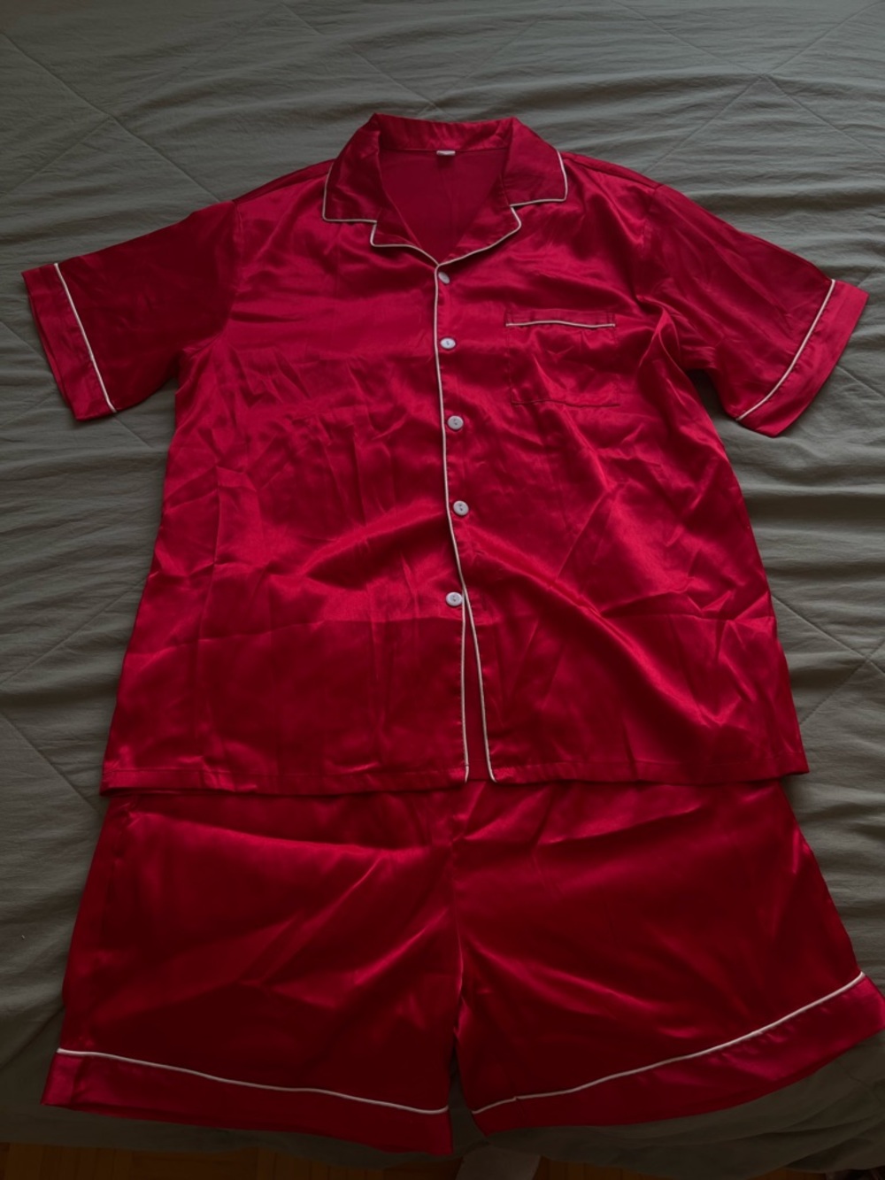 Red Satin Short Pajama Set with White Piping